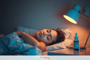 The image features a person lying down in bed at night, asleep. The individual is under the covers with their eyes closed. There is a bottle of eye drops on the bedside table. The room has soft lighting, possibly from a bedside lamp, providing a calm and serene atmosphere suitable for rest.