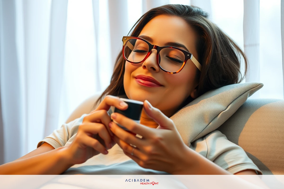 In the image, a woman is relaxing in her bed. She is laying down with her eyes closed, appearing to be at ease. Her attire consists of casual clothing suitable for a comfortable rest. The room's atmosphere is peaceful and inviting, suggesting she might be taking a break or winding down from her day. The overall mood conveyed by the scene is one of tranquility and relaxation.