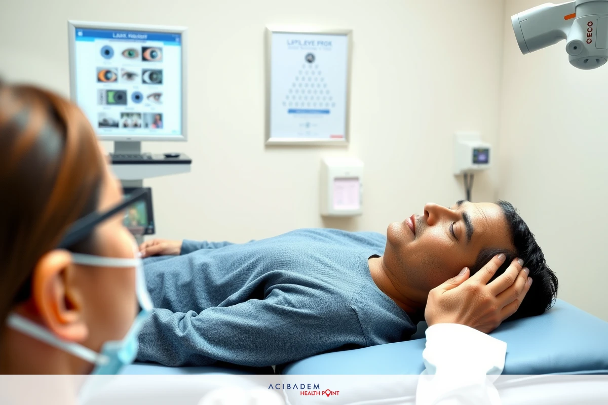 The image shows an indoor setting, likely a medical facility. A person is lying on a hospital bed with their head resting on a pillow, possibly receiving medical care. There is a medical professional in the room attending to the individual, and a machine, presumably for monitoring vital signs or other medical processes, can be seen in the background.