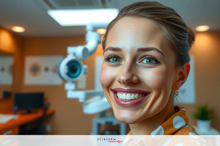 A woman is seen in a professional setting, wearing a polka-dotted blouse. She is smiling and appears to be at work with modern office furniture around her.