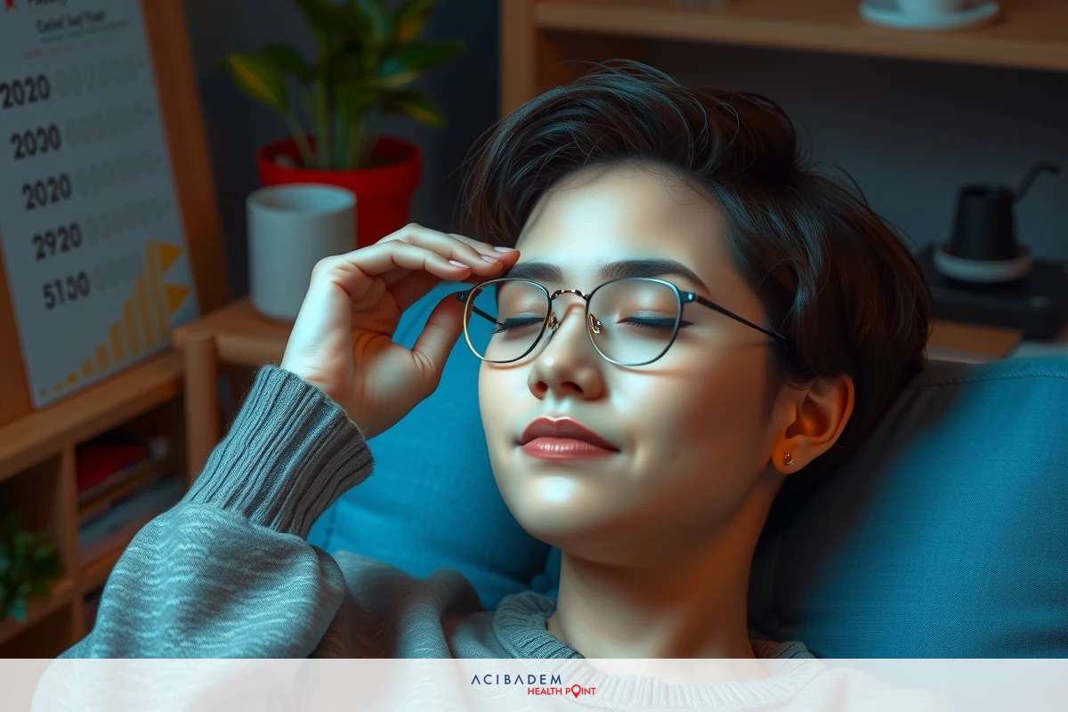 The image portrays a young woman with her eyes closed, seemingly in deep thought or sleep. She is wearing glasses and has short hair. The room around her is dimly lit with warm tones, and there appears to be a desk with various items on it in the background.