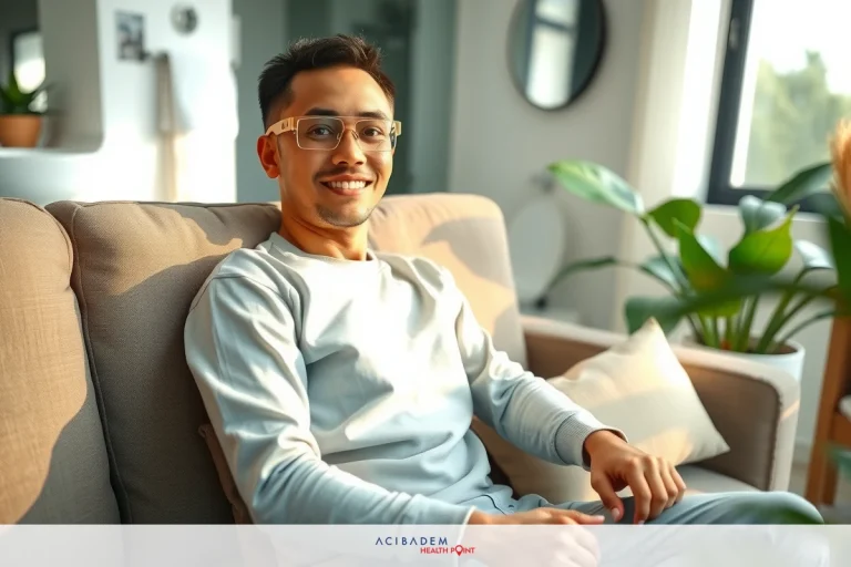 How Soon After LASIK Can I Get Sweat in Eyes? Man sitting on a couch in a modern room with natural light streaming through the window. He is wearing a casual sweater and glasses, smiling towards the camera.