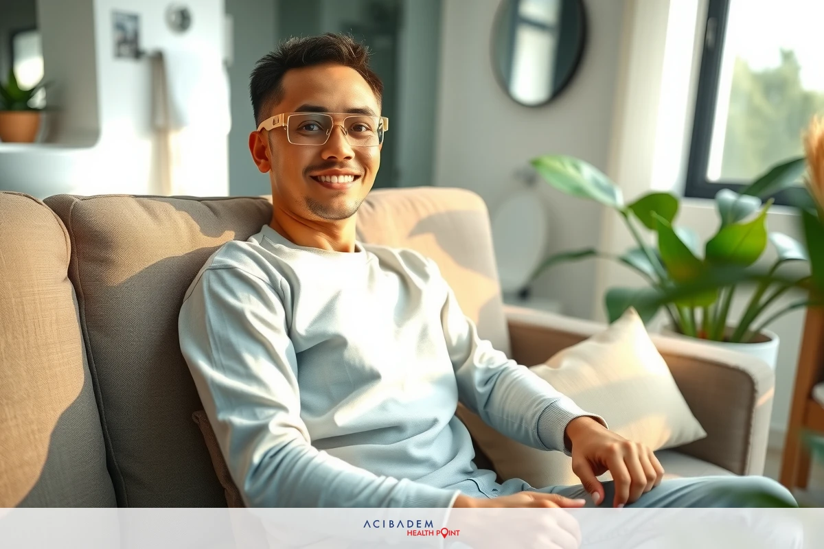 Man sitting on a couch in a modern room with natural light streaming through the window. He is wearing a casual sweater and glasses, smiling towards the camera.