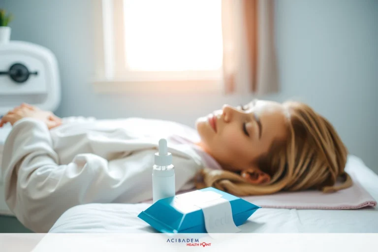 A woman lies comfortably on a table, possibly for medical services. She is in a relaxed position with her head resting on a pillow and eyes closed, suggesting she might be undergoing a treatment such as laser therapy. A device connected to the pillow rests near her face, which could be used for anesthesia administration or other medical procedures.