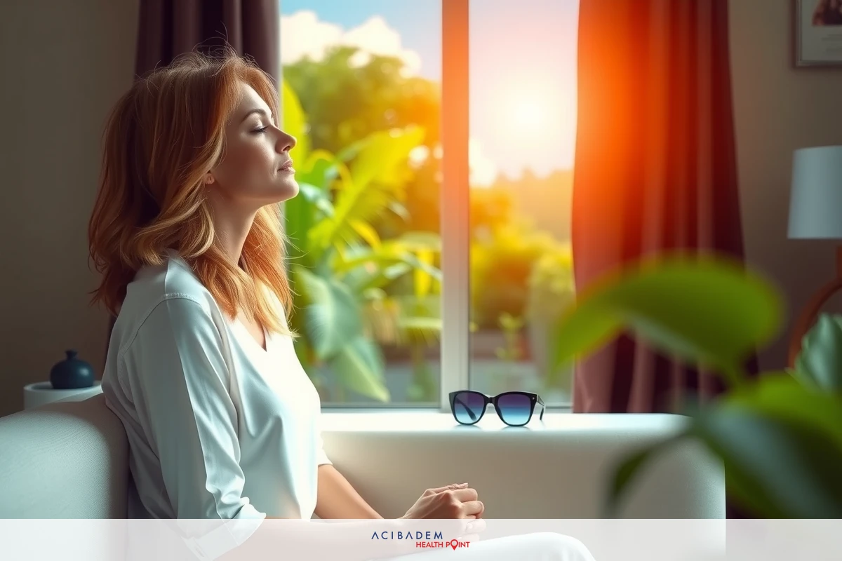 The image features a woman sitting thoughtfully in an indoor setting with sunlight streaming through a window. The room has warm tones and a cozy atmosphere, suggesting a quiet moment of reflection or relaxation.