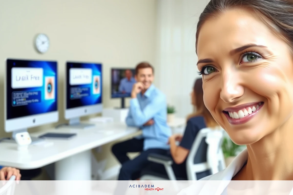 This is a promotional image for a video conferencing or online meeting platform. It features three people: one woman smiling at the camera, and two men seated behind her. They are in an office environment with modern furnishings and technology equipment such as large screens displaying meeting content.