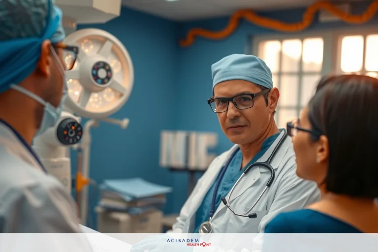 How to Find a Reputable LASIK Eye Surgeon The image shows a hospital scene with medical professionals in surgical gowns and scrubs. In the center, a doctor is holding a patient's chart while discussing treatment options with the patient and another healthcare provider. The background features medical equipment and monitors indicative of an operating room or intensive care setting.