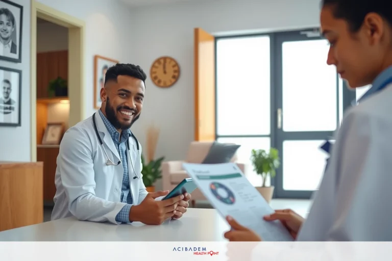 How to Get Approved for LASIK Eye Surgery? In the image, a man wearing a doctor's coat is seated at a desk in an office environment. The woman standing across from him appears to be reading or showing him documents related to their discussion. Both individuals are engaging in what seems to be a professional exchange, possibly reviewing medical records or discussing patient care.