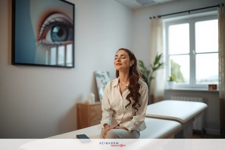 The image shows a woman sitting at a clinic table. She is dressed in comfortable clothing suitable for relaxation. The setting appears to be a professional wellness environment with the presence of a potted plant and decorative art depicting the eye. The natural light coming from the room's windows indicates that it is daytime. The woman appears to be enjoying a quiet moment, perhaps waiting for or recovering from an examination.