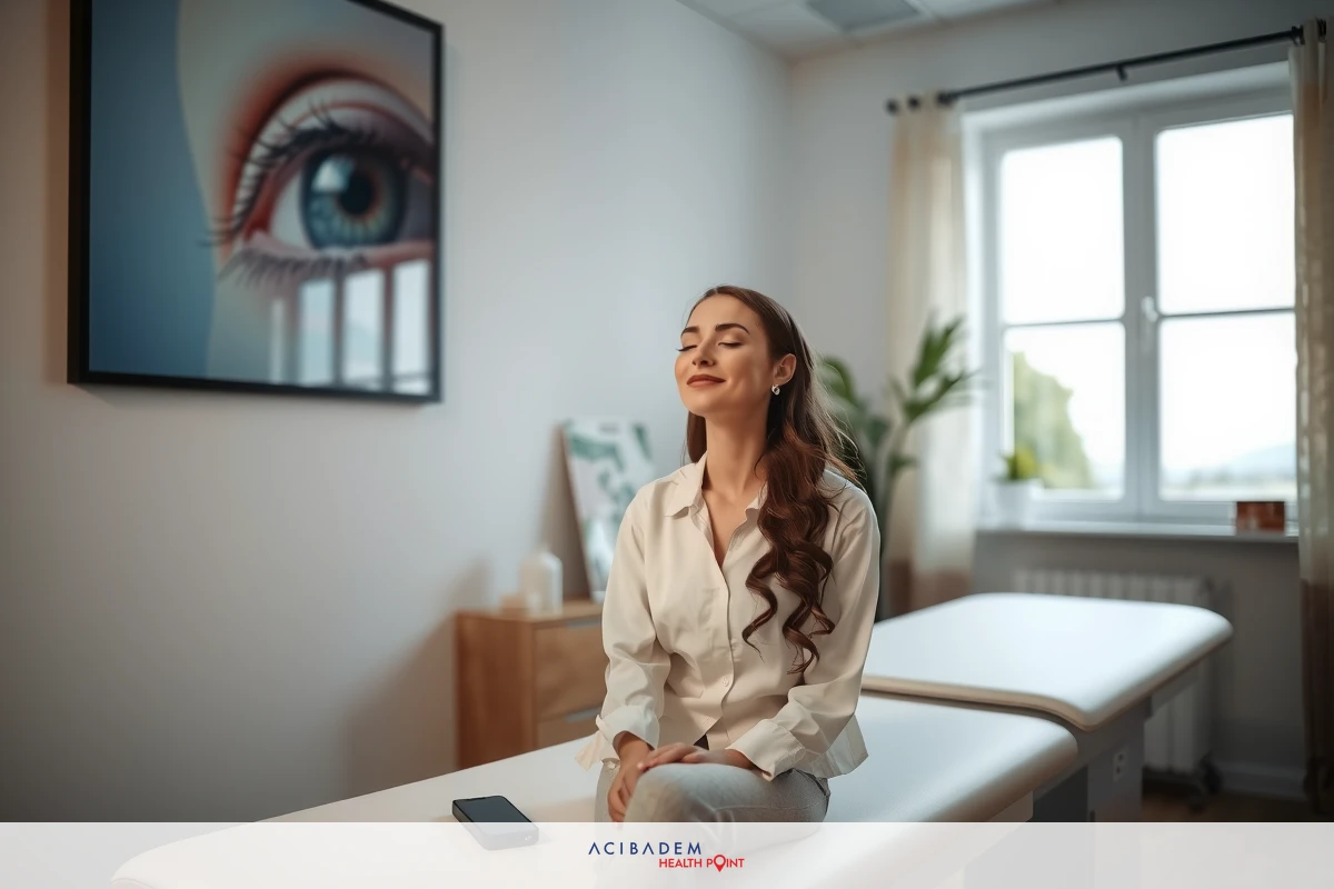 The image shows a woman sitting at a clinic table. She is dressed in comfortable clothing suitable for relaxation. The setting appears to be a professional wellness environment with the presence of a potted plant and decorative art depicting the eye. The natural light coming from the room's windows indicates that it is daytime. The woman appears to be enjoying a quiet moment, perhaps waiting for or recovering from an examination.