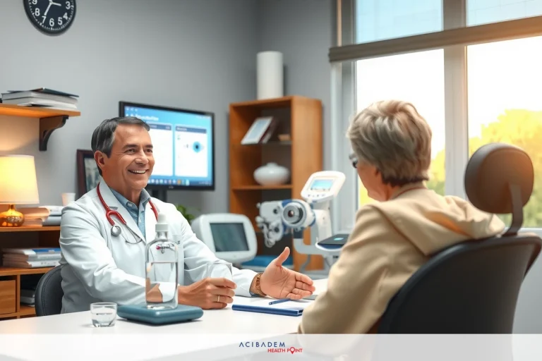 The image depicts an indoor medical office environment. A doctor, identifiable by a white lab coat and stethoscope around the neck, is sitting at a desk with a patient. The setting appears to be a standard clinical examination room, equipped with medical equipment like a blood pressure cuff and digital thermometer.