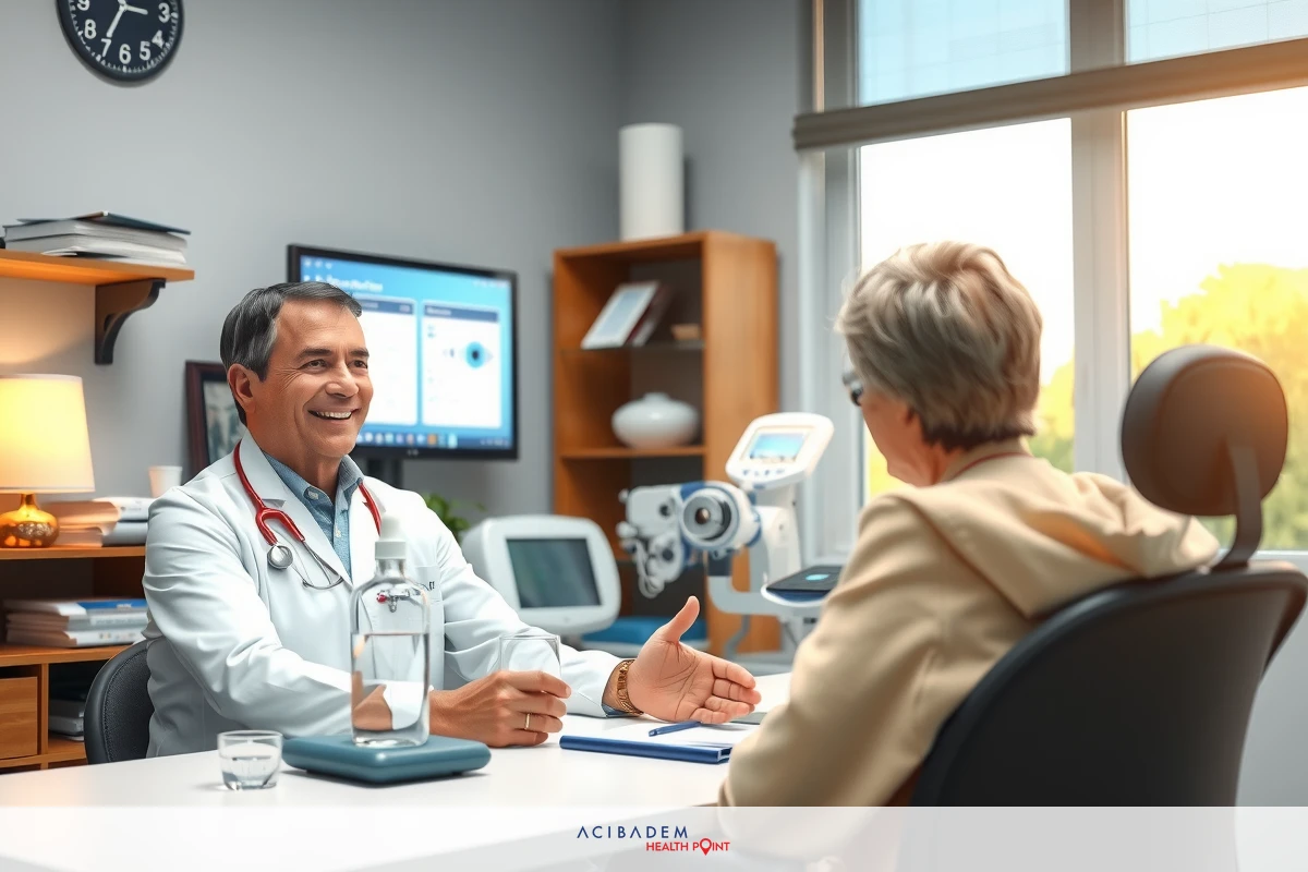 The image depicts an indoor medical office environment. A doctor, identifiable by a white lab coat and stethoscope around the neck, is sitting at a desk with a patient. The setting appears to be a standard clinical examination room, equipped with medical equipment like a blood pressure cuff and digital thermometer.