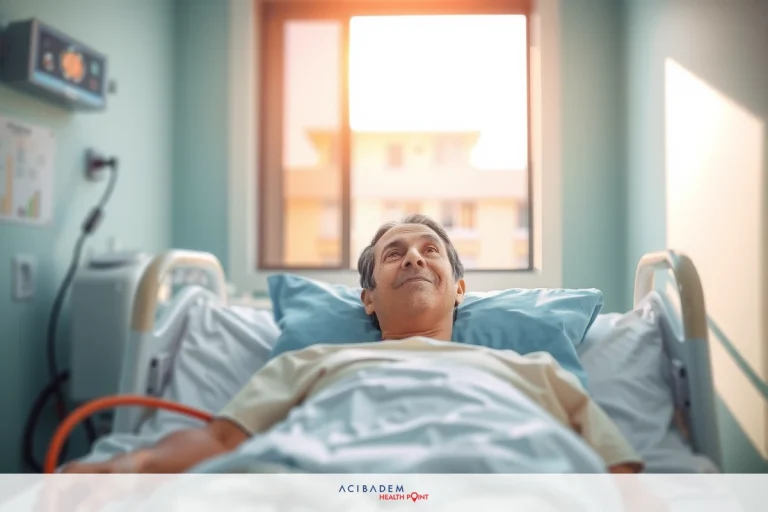 The image features a hospitalized individual lying on a bed with various medical equipment. The room has sunlit windows, and the person appears to be smiling or laughing at something that brings joy. There is a calming atmosphere indicative of comfort and healing.