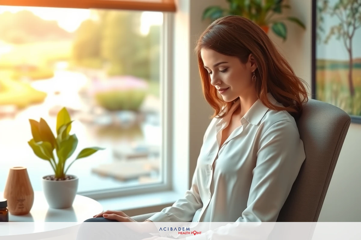 A professional woman sits at a desk with a window view, focusing on her work. She has brown hair, is wearing a white shirt, and there's a potted plant in the corner of the room.