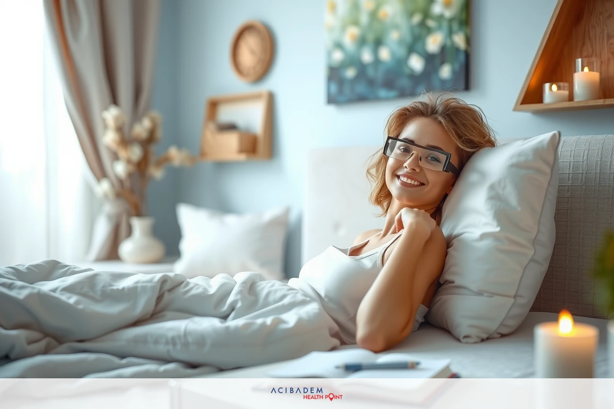 A woman lying in a bed, smiling and looking towards the viewer. She is wearing glasses, has blond hair, and appears to be reading or writing in a notebook. The room is cozy with warm lighting and a comfortable ambiance.