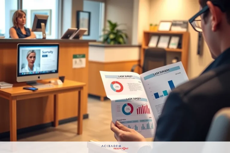 A man seated at a desk, holding a document and examining data on a laptop screen. The setting appears to be an office environment with various papers and electronic devices visible.