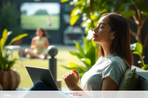 The image shows a young woman spending time outside with her laptop. She is sitting comfortably, probably on a couch or bench. The setting appears to be an urban garden or patio area, with lush vegetation and potted plants around her. Her posture suggests she's relaxed, working or browsing the web while soaking up some sunlight. There is another person visible in the background engaged in a different activity.
