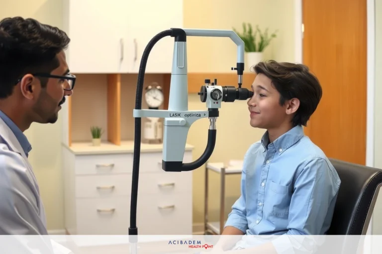 How Well Does LASIK Eye Surgery Work? In the image, a patient sits in an exam chair with his head tilted back for an eye exam. The doctor stands across from him, looking into the patient's eye with an eye exam tool. Both are located inside an office or medical facility that appears well-lit and clean.