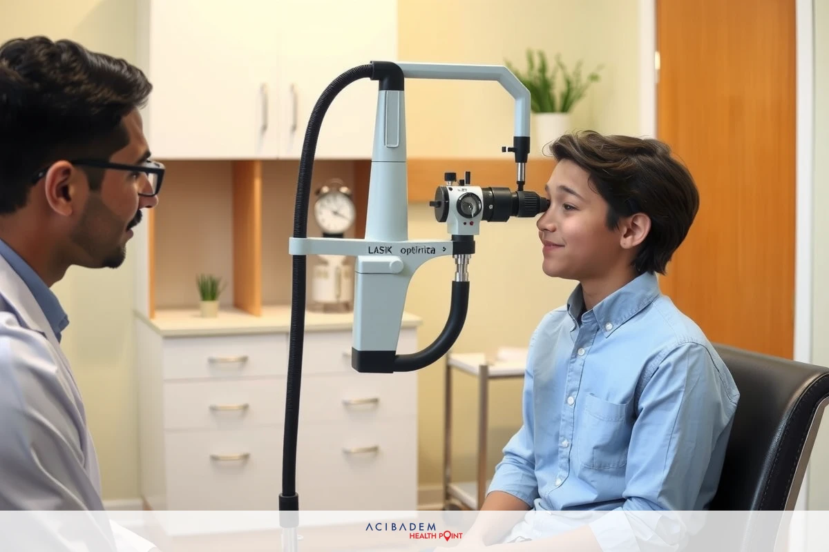In the image, a patient sits in an exam chair with his head tilted back for an eye exam. The doctor stands across from him, looking into the patient's eye with an eye exam tool. Both are located inside an office or medical facility that appears well-lit and clean.