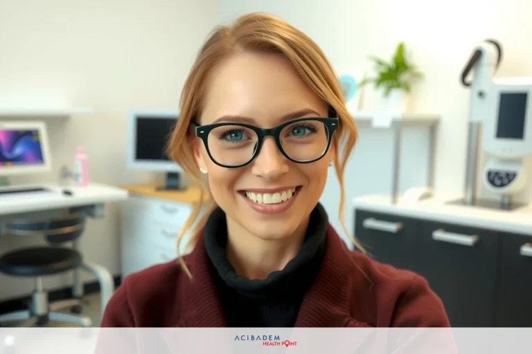 How Would LASIK Eye Treatment Work for Patients With Diabetes The image shows a person wearing black-rimmed glasses, with a smile on their face. The individual appears to be in an office setting, as there is a computer monitor and some medical equipment in the background.