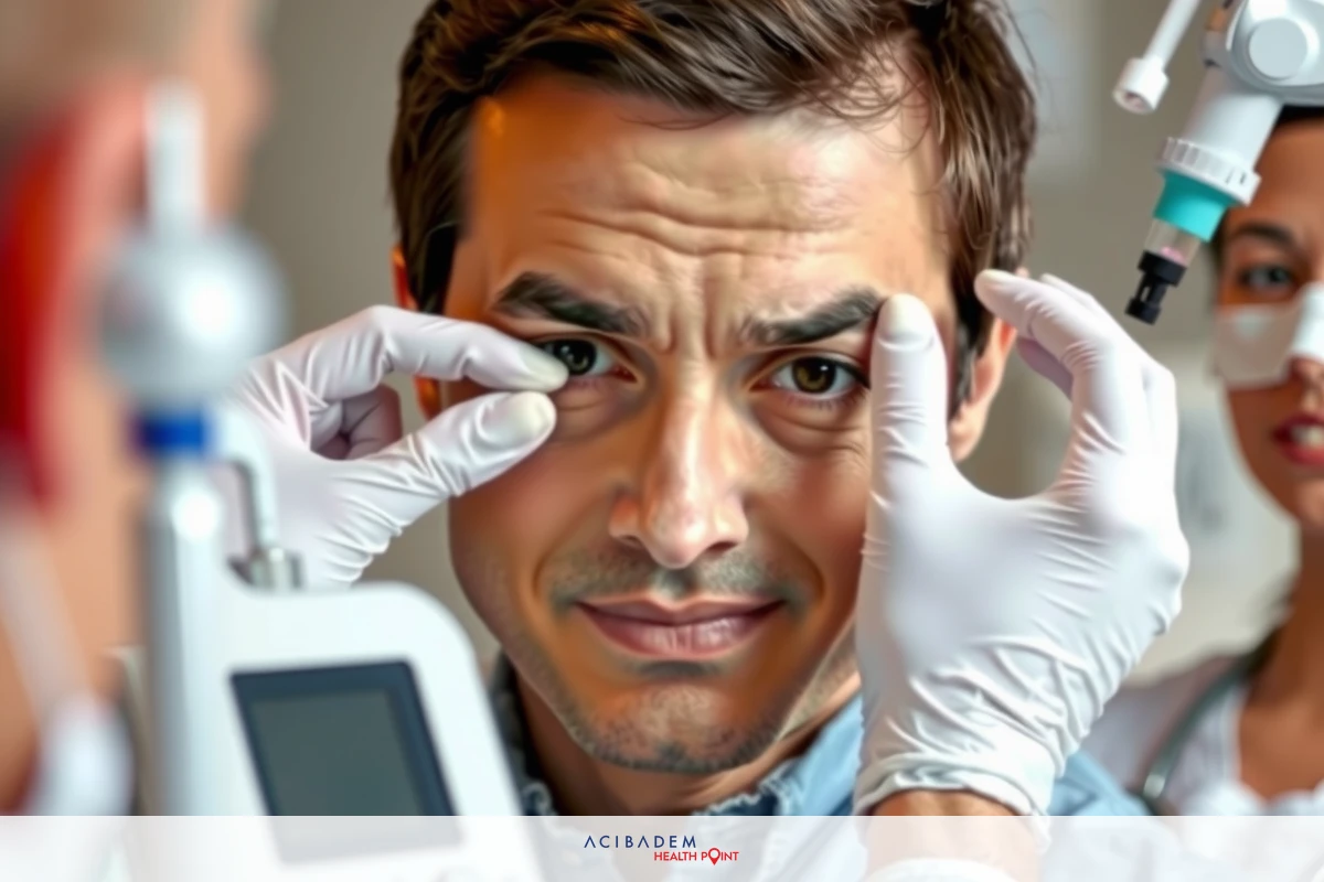 A man in a hospital setting undergoing medical examination. He has a puzzled expression and is looking to his right, while two healthcare professionals look on with focus and care.