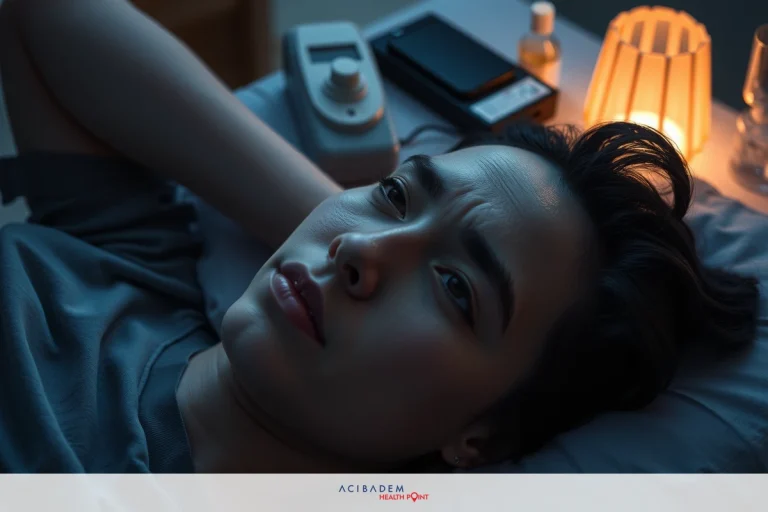 A young adult female is lying in bed, looking up, her hand under her head. Her expression ranges from neutral to slightly concerned. The room is dimly lit, with blurry objects around the bed, suggesting personal space.