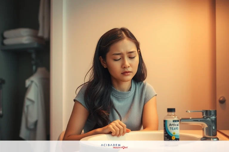 The image shows a woman sitting at a bathroom sink, looking down with her eyes closed. She is wearing a gray top and appears to be in thought or contemplation.