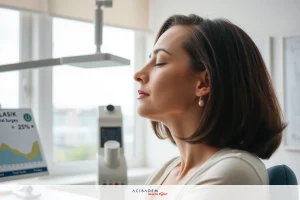 The image features a woman with her eyes closed, possibly experiencing stress or intense focus. She is seated at a modern workstation with various pieces of technology equipment around her. The setting appears to be an office environment, and the colors are primarily muted tones with some warm lighting.