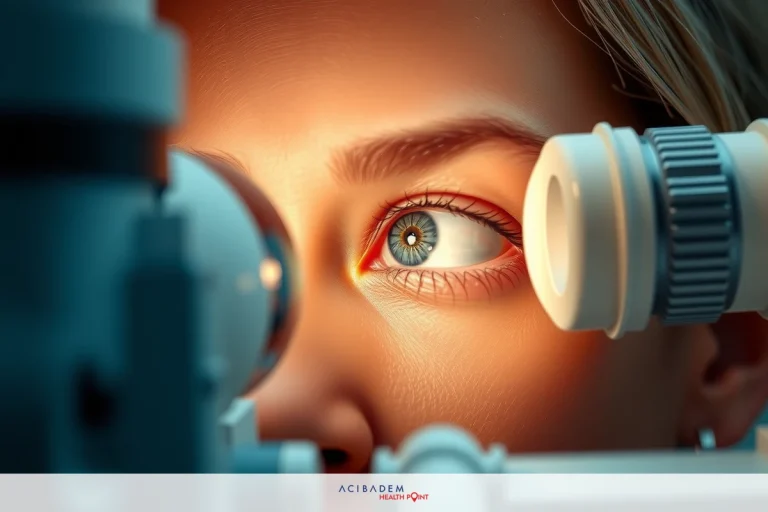 Close-up of woman's face looking into a medical device with magnification lenses and bright lighting. The image focuses on her eyes and expression, highlighting the examination process.
