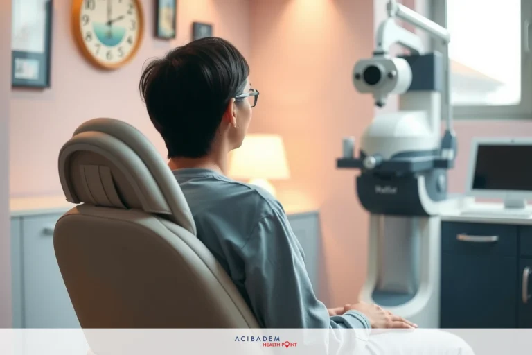 This is an image of a person sitting in what appears to be a medical setting, specifically for an eye examination. The person sits comfortably, looking straight into an optical device that contains various equipment typically used for vision tests. The room has a clinical ambiance with a clock on the wall, indicating the passage of time in this environment. The focus is predominantly on the person and the equipment related to vision care.