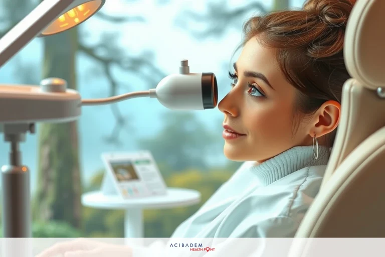 Is LASIK Eye Surgery Cheaper in Canada? Image of a young woman sitting in an eye exam chair and having an exam. She looks relaxed and looks ahead with a gentle smile. The environment resembles a modern eye clinic, as indicated by the equipment around her.