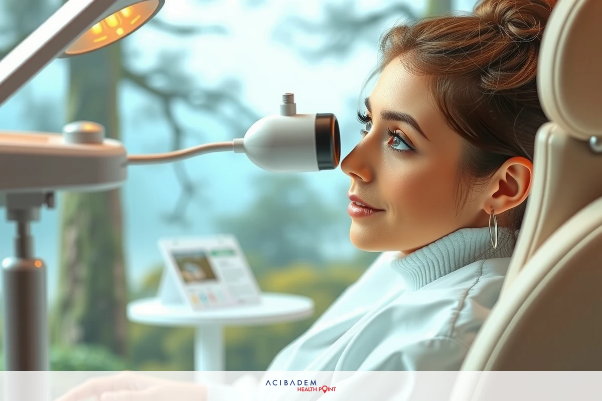 Image of a young woman sitting in an eye exam chair and having an exam. She looks relaxed and looks ahead with a gentle smile. The environment resembles a modern eye clinic, as indicated by the equipment around her.