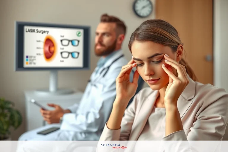 Is LASIK Eye Surgery Cosmetic The image depicts a professional setting, possibly an office environment. There are two people sitting in front and one in the back. The person sitting in front appears to be experiencing pain or discomfort, as indicated by the hand on his head. The person in the back is focused specifically on a computer screen showing medical images of human eyes, suggesting an educational or clinical context related to eye care.