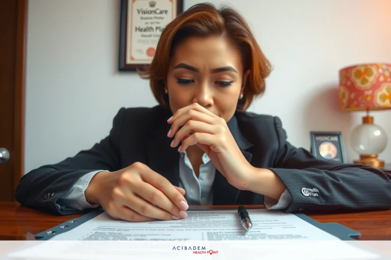Is LASIK Eye Surgery Covered by the Oregon Health Plan? A woman in business attire appears to be reviewing documents on a desk. Her left hand is raised near her face, suggesting she might be deep in thought or reading the content carefully.