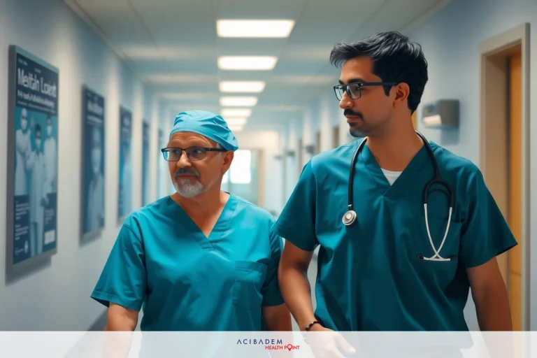 The image shows two doctors in a hospital corridor. They are wearing medical scrubs and standing side by side, with one appearing to be an older male doctor and the other a younger male doctor. The setting is sterile and clinical, indicative of a hospital environment.