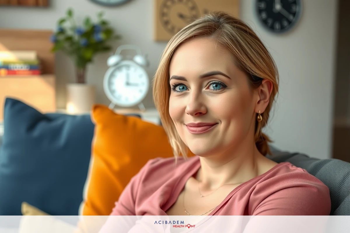 The image shows a woman sitting on a gray sofa. She is wearing a pink top and has short blonde hair. The setting appears to be a modern home with a cozy atmosphere, featuring cushions in vibrant colors like blue and yellow that add warmth to the room.