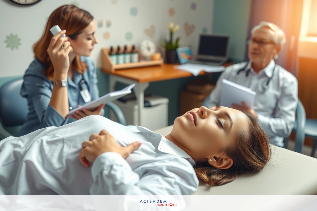 Healthcare scene with medical professionals and patient. A woman is lying on a bed, possibly a stretcher or hospital bed, being examined by two doctors who are attentive and focused on their work. The environment suggests a clinical setting with lighting that implies it might be daytime, as there's a visible clock on the wall. The scene conveys a sense of medical care and attention to patient health.