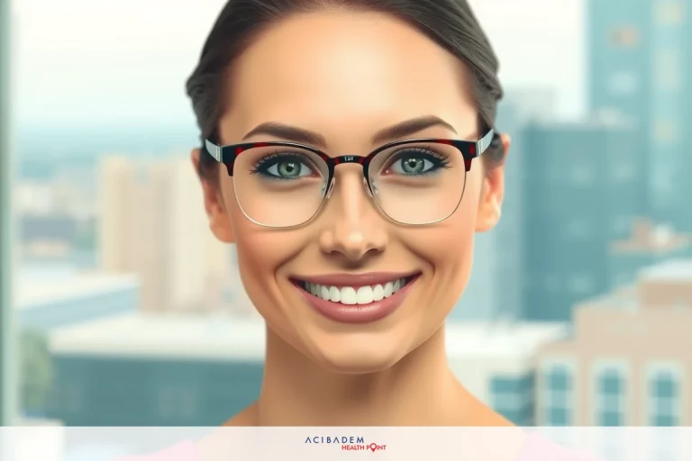 A woman wearing glasses is smiling and looking towards the camera in a professional setting. The background suggests an urban environment, possibly an office building.