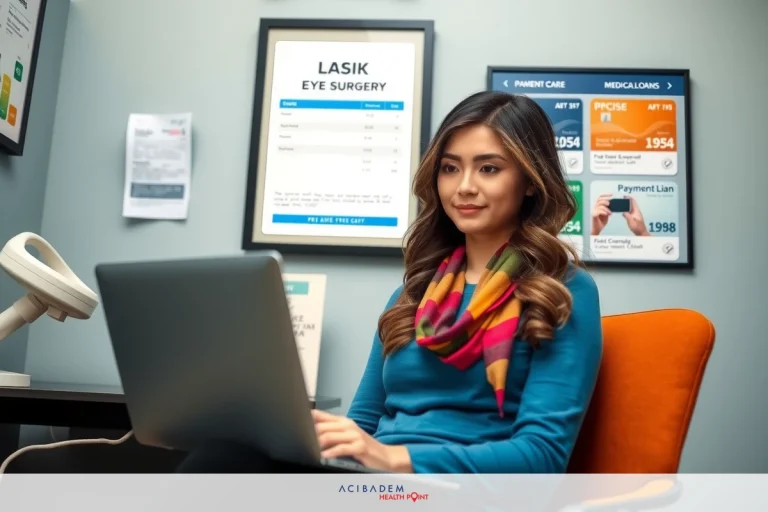 What Are the Costs for LASIK Eye Surgery A woman is focused on a laptop screen in a professional office setting. She is wearing a dark top and her hair is styled in loose waves.