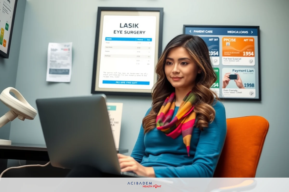 A woman is focused on a laptop screen in a professional office setting. She is wearing a dark top and her hair is styled in loose waves.