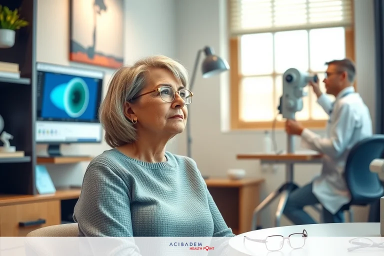 The image depicts an indoor scene, likely a medical or optometry office. In the foreground, there is a seated woman wearing glasses and facing to her left with a focused expression. She appears to be receiving some form of professional service or assessment, as suggested by the office setting and the professional attire worn by both individuals present in the image.