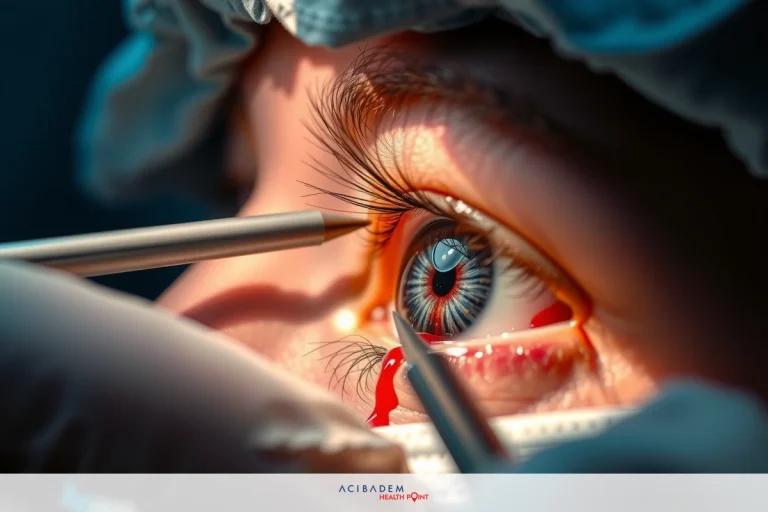 In the image, there is a close-up of an eye with surgical instruments inserted through the eyelid. The eye appears to be undergoing a medical procedure such as a corneal transplant or cataract surgery. The surrounding area is sterile and appears to be a medical setting with personnel in gowns, likely surgeons or technicians involved in the operation.