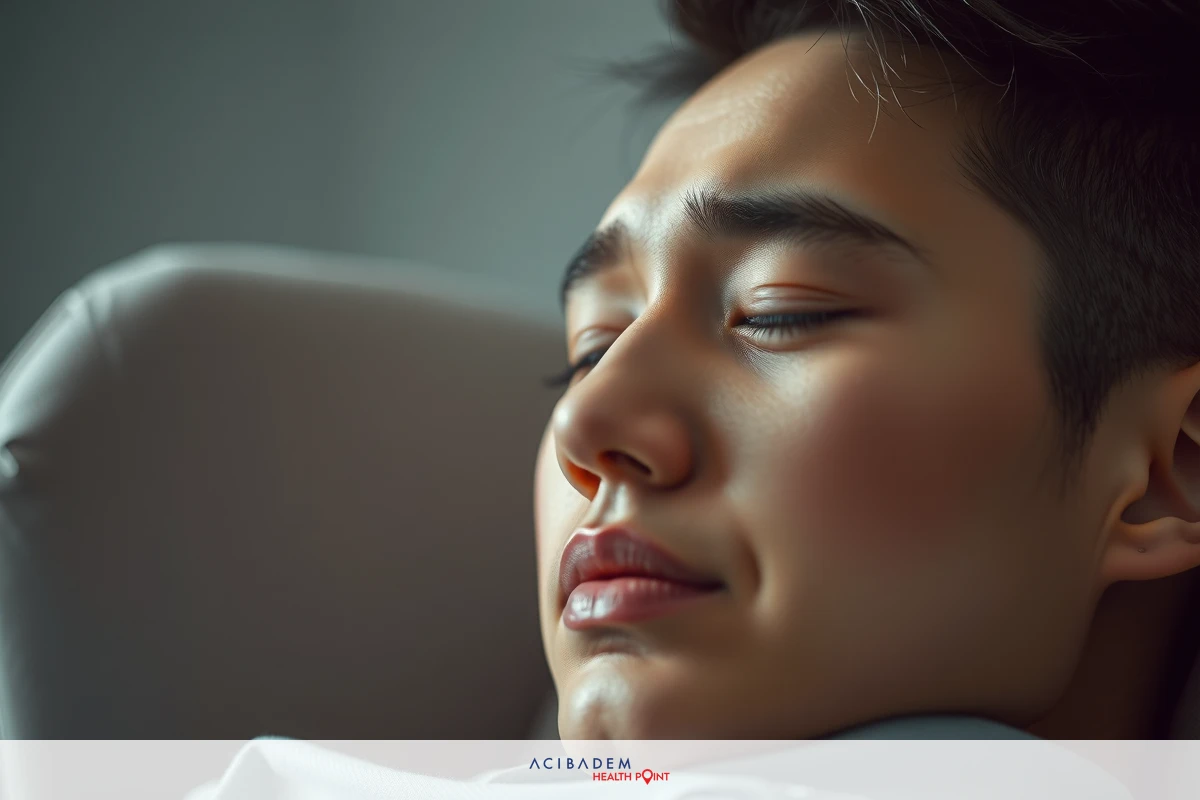 A young man lies in bed with eyes closed, possibly indicating relaxation or sleep. He has short hair and is dressed casually. The room appears to be dimly lit, creating a calm atmosphere. The color palette includes soft greys and whites.
