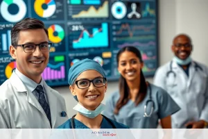 The image shows a group of medical professionals in a well-lit, high-tech office environment. They are standing behind a large screen displaying various graphs and statistics. The individuals are dressed in professional attire with ties visible on two of the males. Their smiles suggest collaboration or celebration of a successful outcome related to healthcare data analysis.