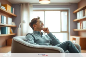 A man in a cozy room, seated on a couch, thoughtfully contemplating with his hand on his chin. The setting is comfortable and inviting, with books visible in the background.