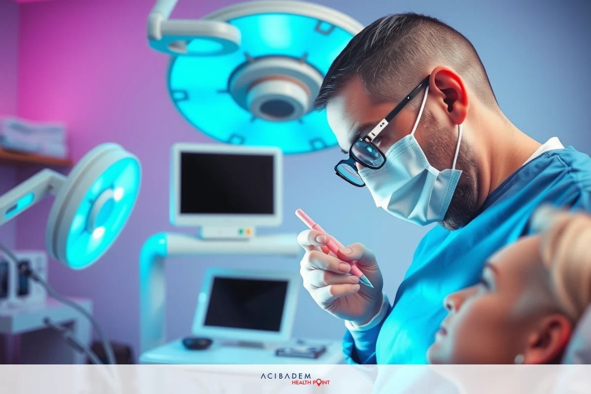In an operating room, a surgeon wearing a white surgical gown and mask stands to the right of a patient. The surgeon holds a surgical instrument and appears to perform a medical procedure on the patient's face. On the right, there are various medical equipment including anesthesia machines, monitors displaying vital signs, and other devices typically found in an operating room.