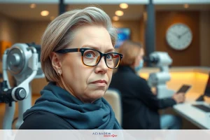 A woman with short blonde hair and glasses, looking concerned while sitting at a desk. Behind her is a medical equipment setup, possibly an eye examination machine.