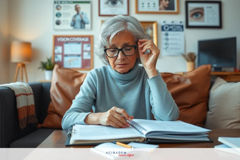 What Eye Conditions Do I Need for LASIK The image shows an older woman sitting at a desk, focused on reading or writing in a notebook. She is wearing glasses and has her hand on the side of her head, which suggests concentration or deep thought. The environment appears to be a home office or study, indicated by books, papers, and what looks like a laptop on the table next to her. The atmosphere is calm and serene.