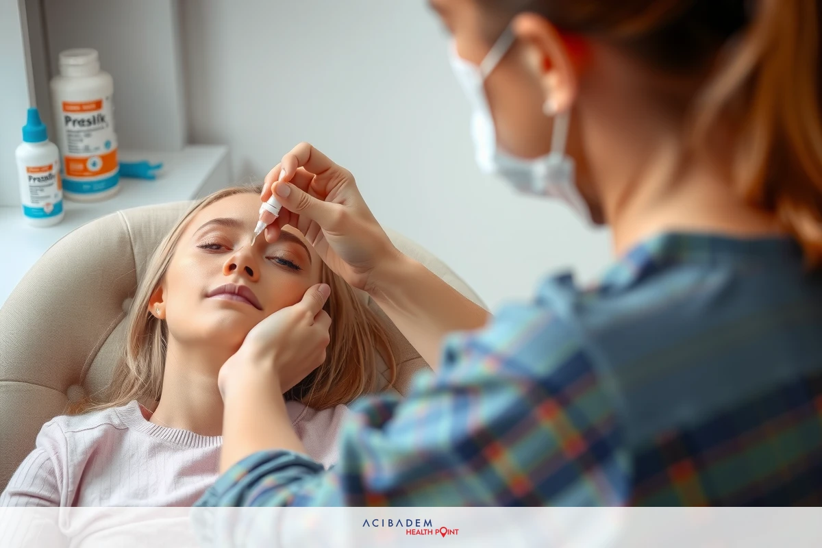 A person receiving a medical examination with an eye test. The individual is reclined on a chair, and the practitioner is holding up their face for testing. There are bottles of eyedrops on the side.