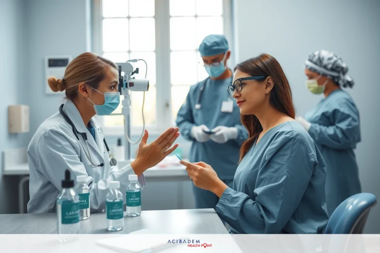 A group of professional medical workers in a modern medical office. They are wearing surgical masks and blue scrubs, indicating cleanliness protocols. They appear to be discussing treatment plans while the woman patient listens attentively.